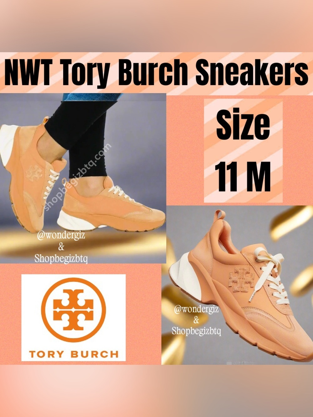 NWT Authentic Tory Burch T Monogram Good Luck Sneakers Size 11 M Peach Parfait